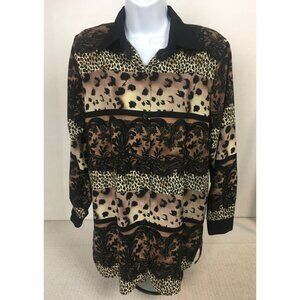 Caliche Collection Button Down Top Women Size 8 Brown Floral Leopard Long Sleeve